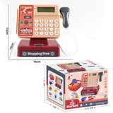 Toy cash register with scanner and dimensions displayed, including packaging.