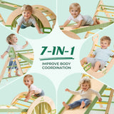 Children playing on a 7-in-1 wooden play structure with text highlighting its benefits.