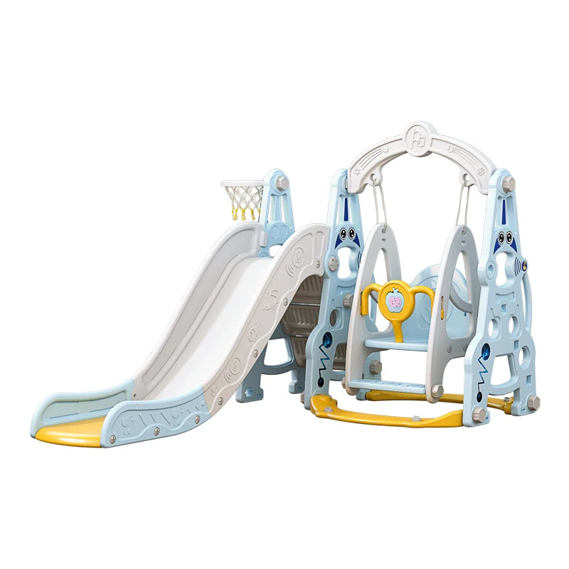 Children's playground set with slide and climbing structure on a white background