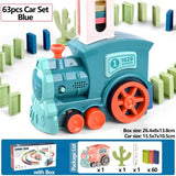 Toy train set with blue locomotive and red wheels on a white background, featuring packaging details.