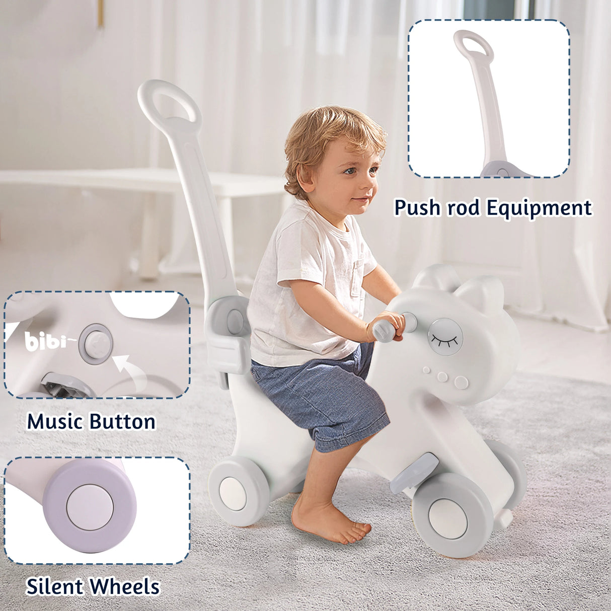Child playing with a toy horse, highlighting push rod, music button, and silent wheels features.