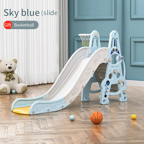 Children's slide with basketball hoop and balls on a wooden floor