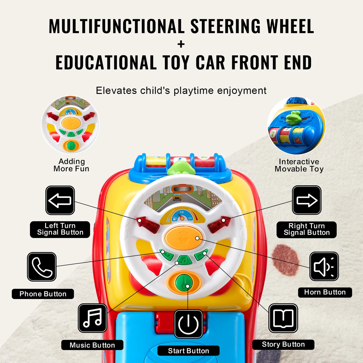 Multifunctional steering wheel educational toy with various buttons and features on a light background