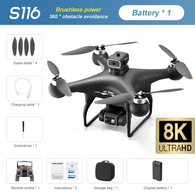 S116 8K Drone - Brushless Motor, Obstacle Avoidance, Dual Cam, 50x Zoom Quadcopter