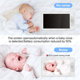 Baby monitor with screen displaying a baby's face, showing features like 'No noise' and 'ECO power saving mode'.