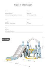 Product information for an astronaut swing slide combination with dimensions and features.