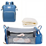Blue baby backpack with changing pad and mattress on a white background