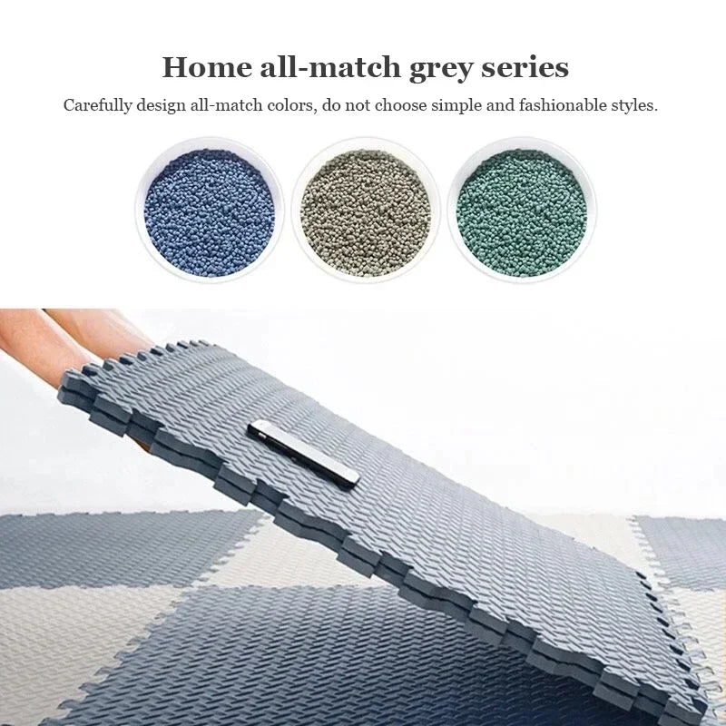 Gray interlocking foam mats with color swatches and text on a white background