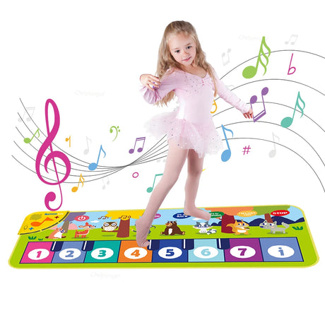 Child on a colorful musical mat with music notes and numbers