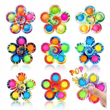 Colorful flower-shaped fidget toys with a hand holding one toy.