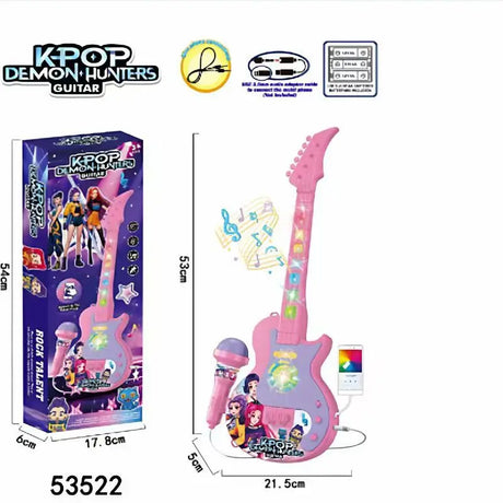 Pink toy guitar with microphone and packaging labeled 'KPOP Demon Hunters' on a white background.