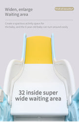 White and yellow baby gate with text on a light gray background