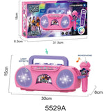 Pink toy radio with microphone and packaging showing dimensions and features.