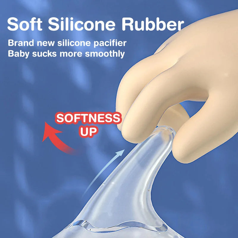 Silicone pacifier with text highlighting softness and benefits on a blue background