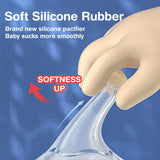 Silicone pacifier with text highlighting softness and benefits on a blue background