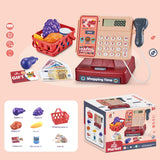 Toy shopping set with calculator, basket, and packaging on a pink background