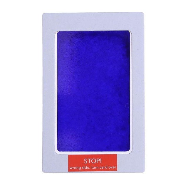 Blue card with a red 'STOP!' label.