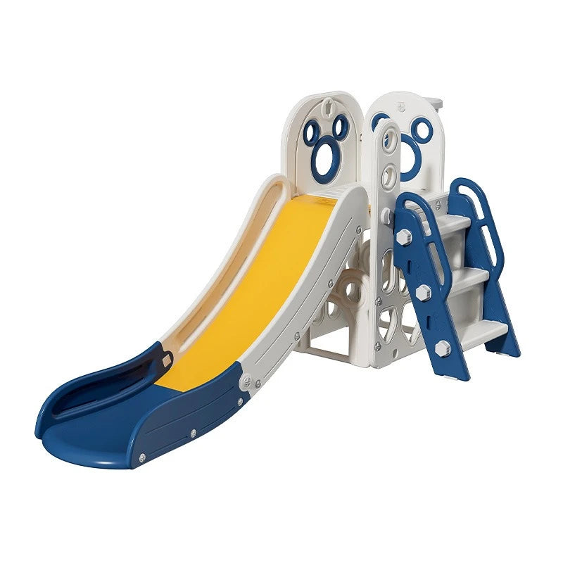 Children's slide with a blue-and-yellow design.