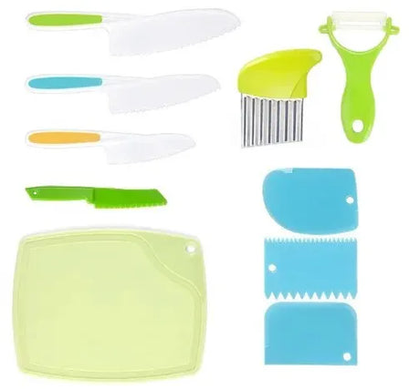 Set of kitchen utensils, including knives, a peeler, and cutting boards 