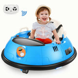 Child sitting in a blue baby bumper car with a remote control and wireless signal icon.