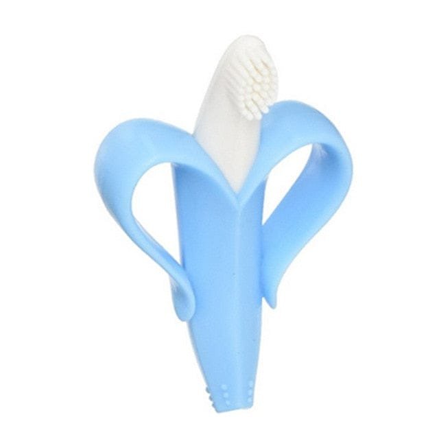 Blue baby toothbrush with white bristles.