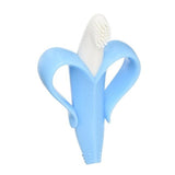 Blue baby toothbrush with white bristles.