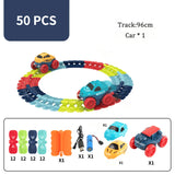 Toy race track set with cars and accessories on a white background