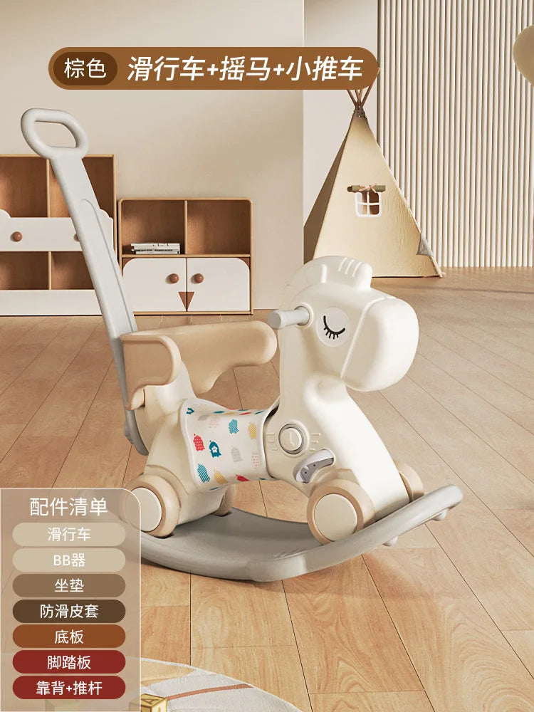 Children's rocking horse with accessories on a wooden floor