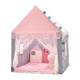Pink children's play tent with a castle design on a white background