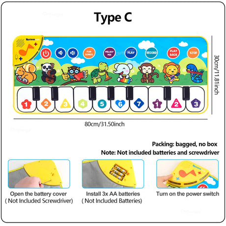 Children's toy piano with colorful design and keyboard layout on a white background