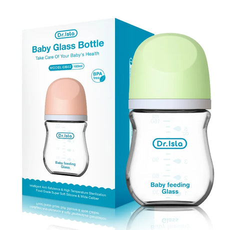 Dr. Isla baby glass bottle with green cap and packaging on a white background