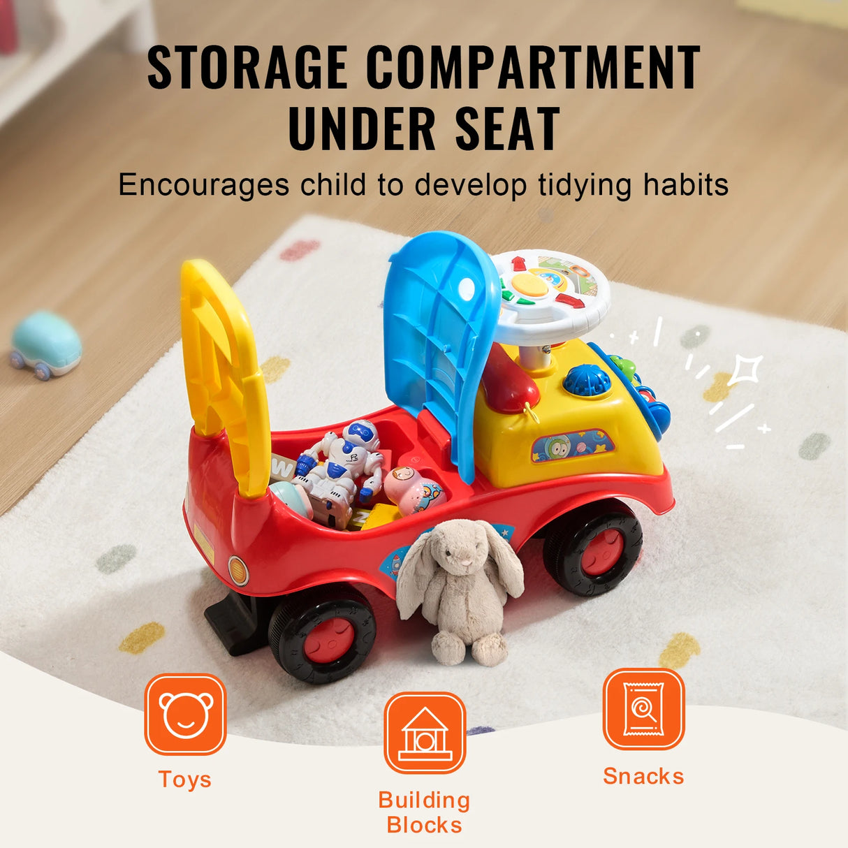 Colorful toy truck with storage compartment on a wooden surface