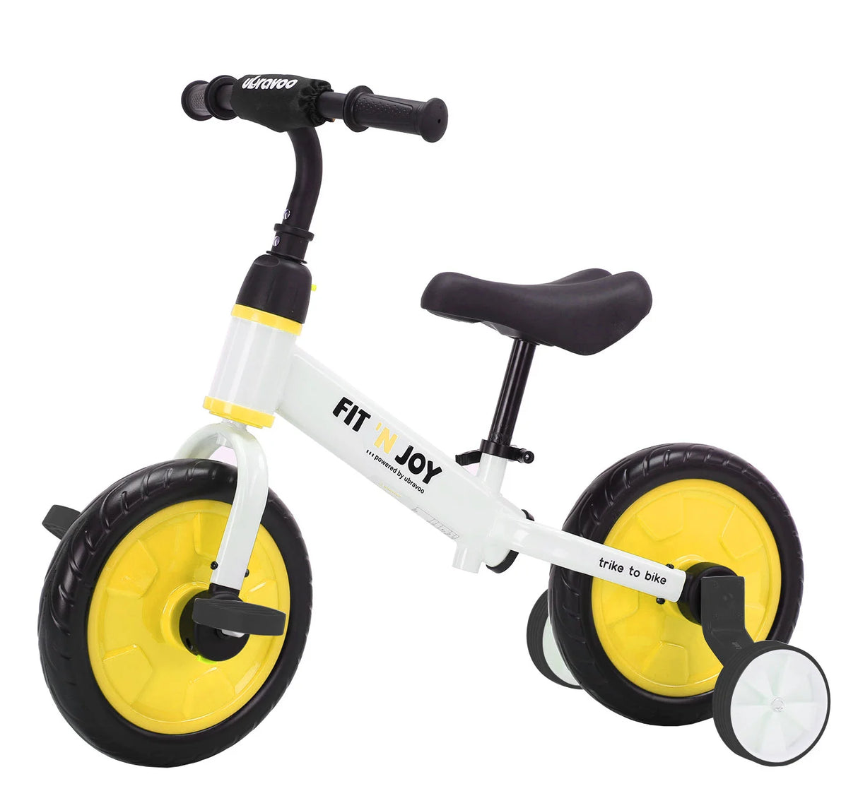 White balance bike with yellow wheels and black seat on a white background