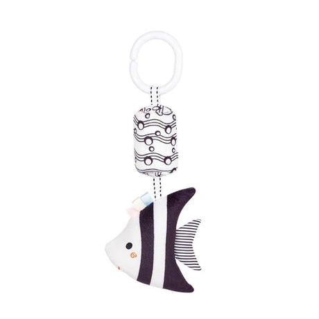 Black and white striped fish-shaped keychain with a patterned tag on a white background