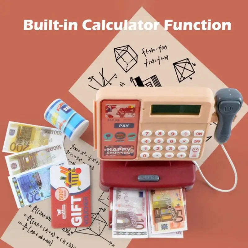 Calculator with money and a cup on a red background with mathematical equations.