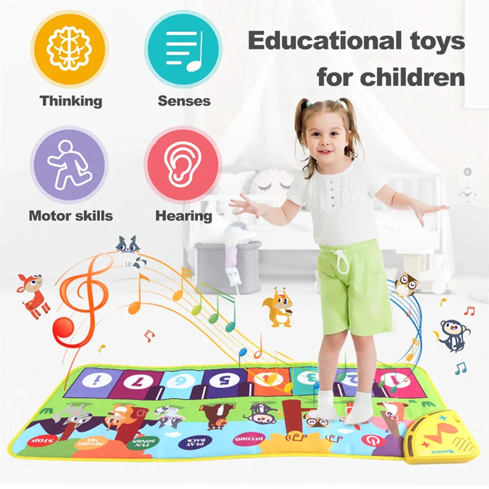 Child playing on an educational toy mat with various icons and text indicating its benefits.