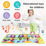 Child playing on an educational toy mat with various icons and text indicating its benefits.