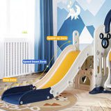 Children's slide with labeled zones in a room with mountain-themed wallpaper.