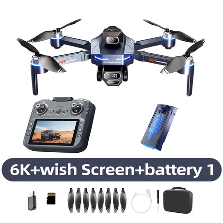 Drone with remote control, battery, and accessories on a white background