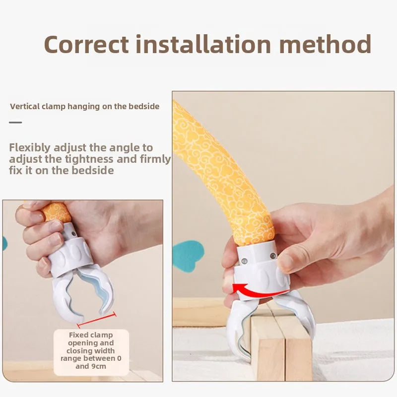 Instructions on how to correctly install a vertical clamp on a bedside using a hand holding the clamp.