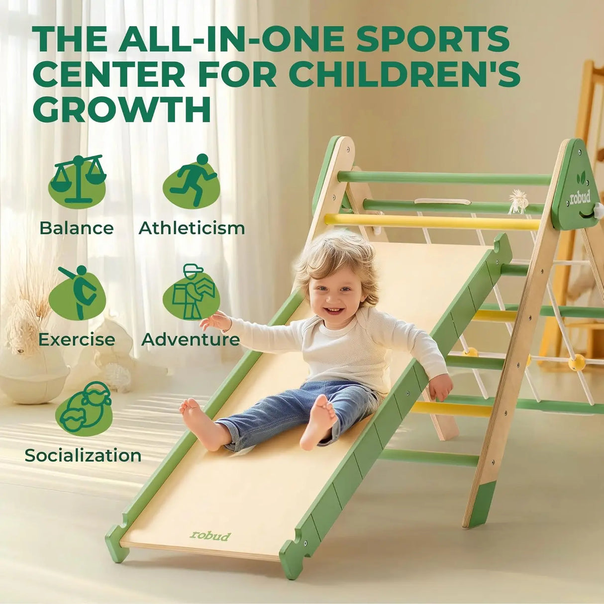 Child playing on a green and wooden slide with text about children's growth and development.