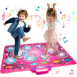 Children playing on a pink dancing mat with music notes around them