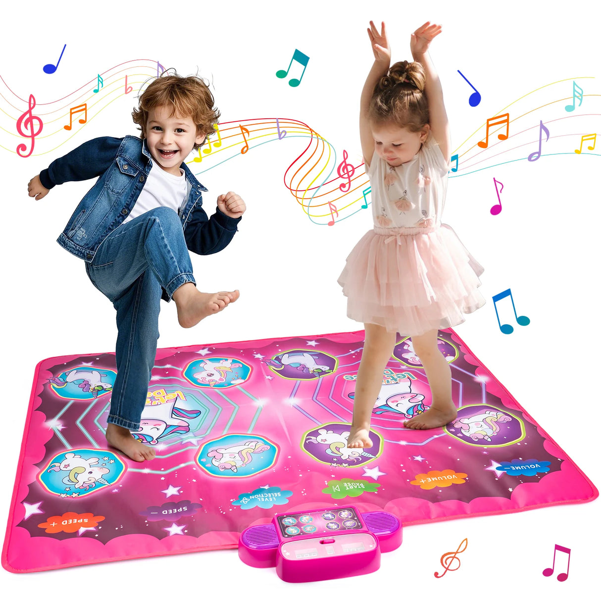 Children playing on a pink dancing mat with music notes around them