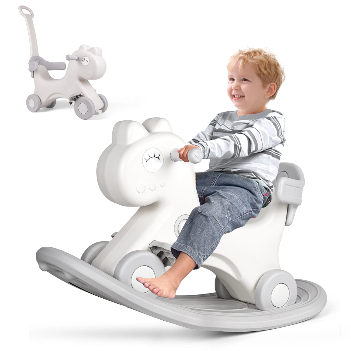 Child riding a white rocking toy with a small toy car in the background