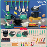 Set of toy kitchen utensils and cookware with a package list on a blue background