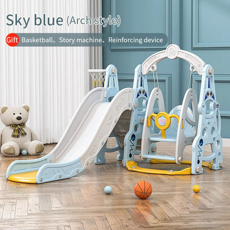 Children's playset with slide and arch in sky blue color, featuring basketball and story machine as gifts.
