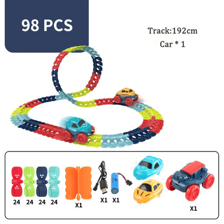 Toy track set with cars and accessories on a white background