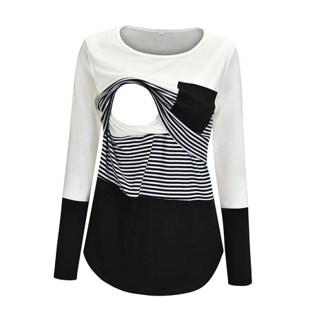 White and black long-sleeve top with a striped design on a white background