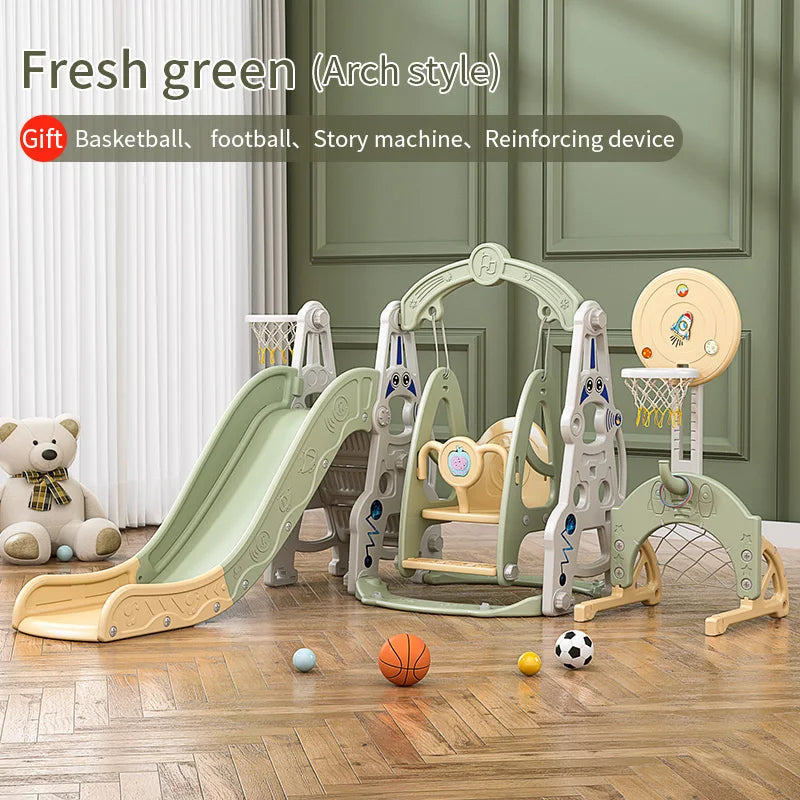 Children's playset with slide and basketball hoop in a room with toys on the floor.