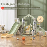 Children's playset with slide and basketball hoop in a room with toys on the floor.